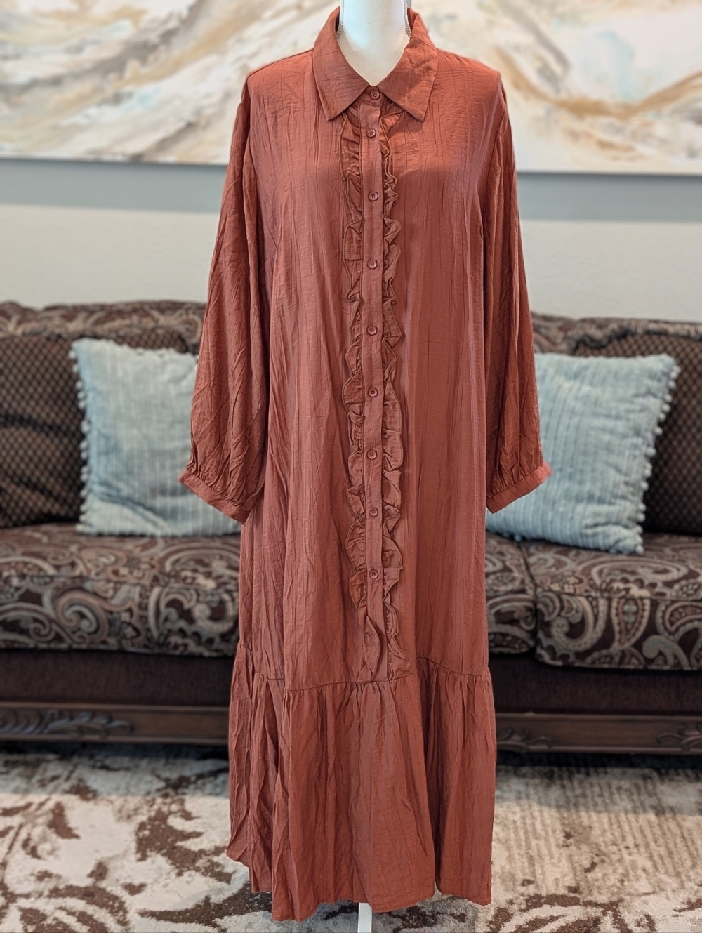 Rust Ruffle-Front Long Button Closure Dress